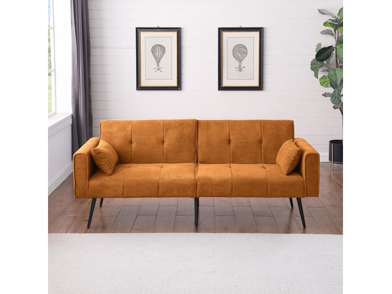  Canapé futon convertible 3 places 175x71x71 cm modulable pliable accoudoirs carrés, tissu velours côtelé orange  - Conforama B