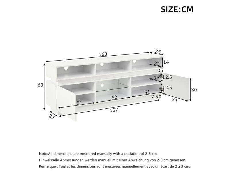  Meuble tv bas modenvie led 160 x 35 x 60 cm 10 espaces de rangement mdf et verre trempé blanc  - Conforama C
