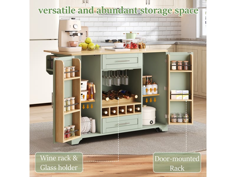 Desserte de cuisine,138x70x92 cm,avec plateau rabattable,mdf,vert antique  - Conforama E
