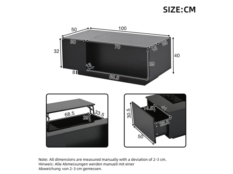  Table basse noire, table basse de salon, hauteur réglable avec rangement dissimulé, éclairage led et tiroir  - Conforama D