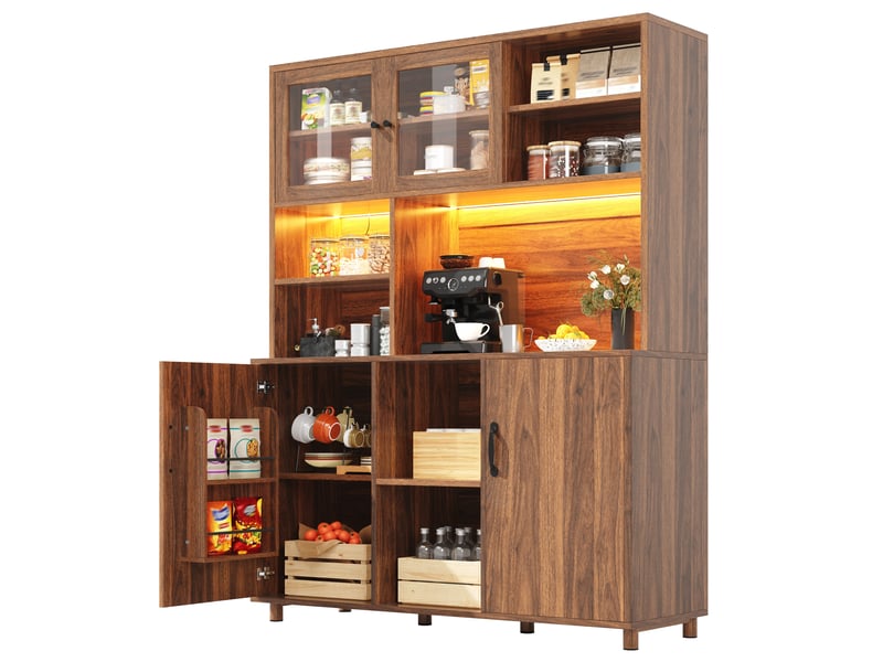 Armoire de salon haute 140x40x185cm, meuble de cuisine avec led intelligente, buffet de salle à manger rétro noyer - Conforama R