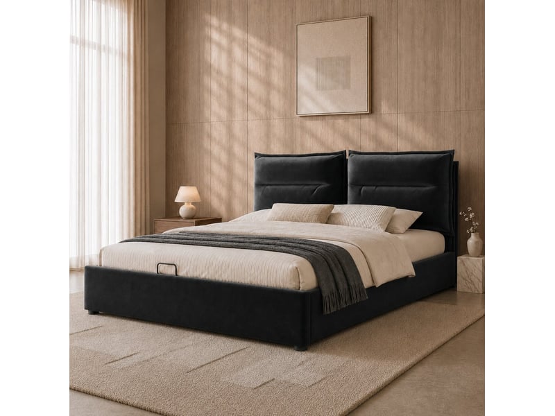  Lit coffre 140x200 cm en velours noir avec tête de lit réglable et sommier relevable  - Conforama E