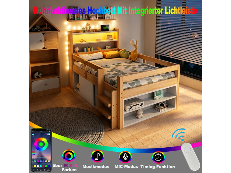  Lit mezzanine enfant simple 90×200 cm avec rangements, led et usb - okmyhome- bois naturel, sans matelas  - Conforama E