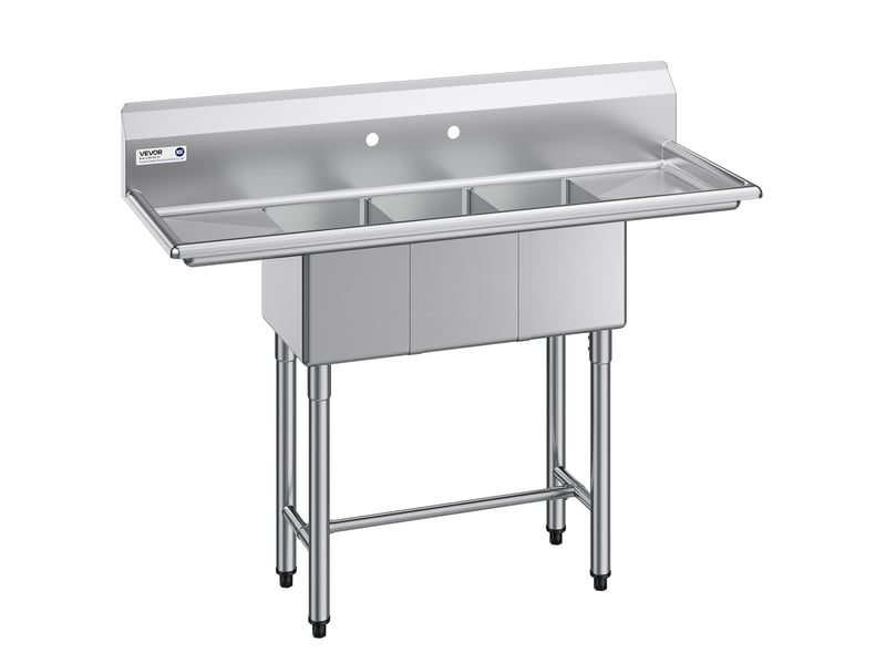  Vevor evier de cuisine a 3 cuves de 25,4x35,6x25,4 cm, evier autoportant sur pied, pour restaurant camion-restaurant maison, en acier inoxydable 304 de calibre 18, avec 2 egouttoirs et dosseret  - Conforama A