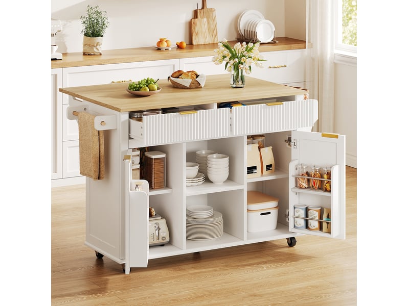 Desserte de cuisine à roulettes avec 2 tiroirs, 2 portes, plan rabattable et étagères à épices, blanc naturel - Conforama C