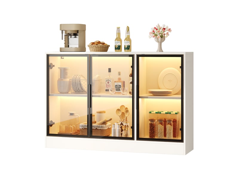  Vitrine basse 3 portes vitrées 120x30x73 cm, buffet vitrine avec led multicolore, verre gris, fermeture amortie, panneaux de particules, blanc  - Conforama A
