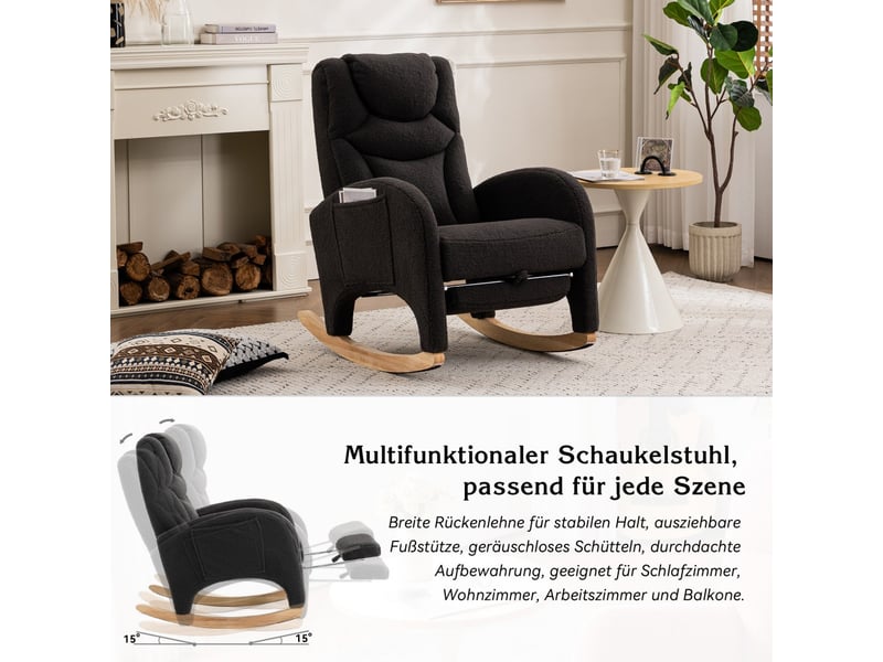  Fauteuil à bascule relax - 66x125x101 cm - avec repose-pieds pliable et têtière en tissu teddy bouclette pieds bois - gris foncé  - Conforama C