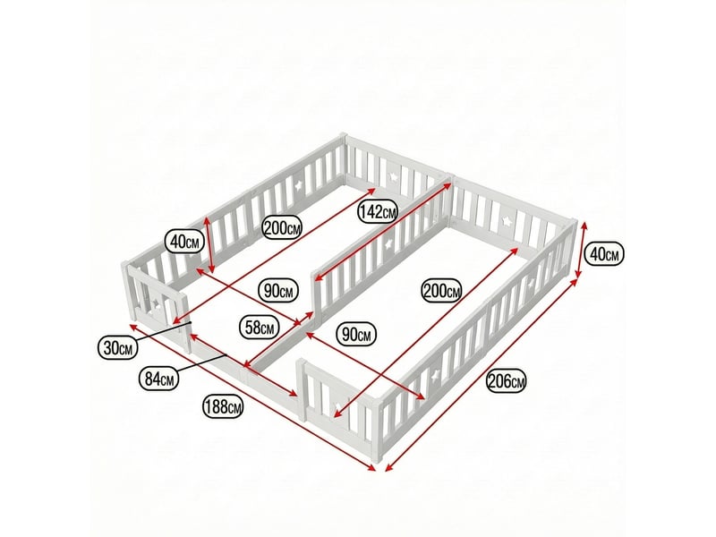  Lit 140x200cm - lit enfant 140x200 - lit double au sol en bois massif avec barrières de protection et motifs étoiles - blanc  - Conforama E
