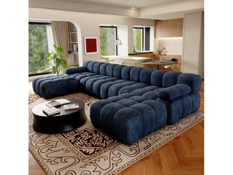  Canapé panoramique en u 400x200 cm – bleu – 6 places en tissu chenille, prêt à l'emploi sans montage  - Conforama C