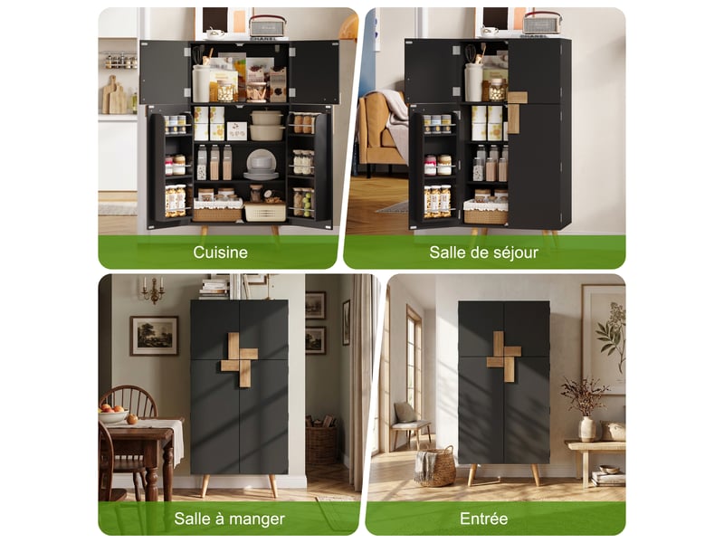  Meuble de cuisine muvano, armoire de cuisine noire 4 portes, étagères réglables, 60 × 35 × 120 cm  - Conforama B