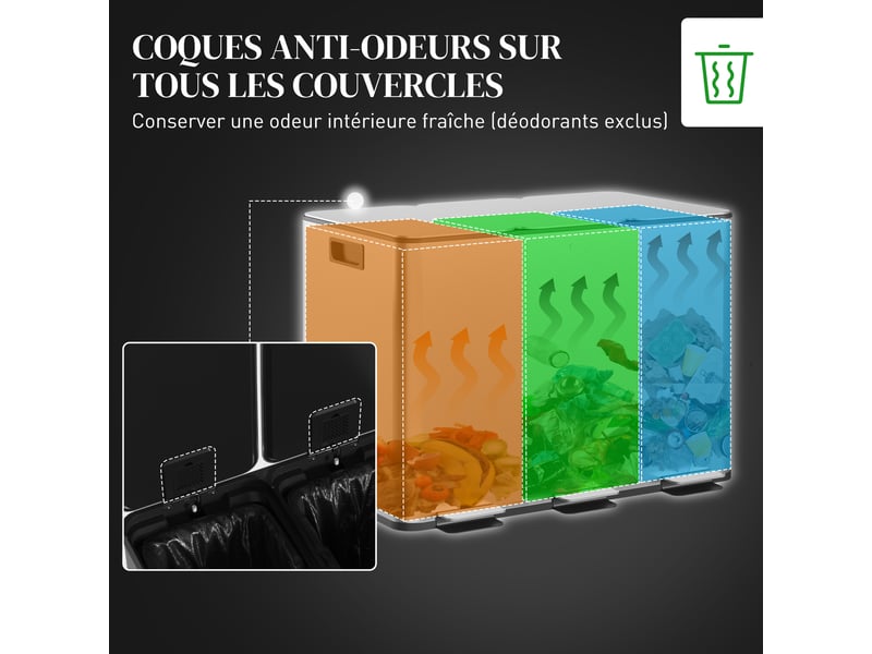  Poubelle tri sélectif 3 compartiments en acier inoxydable argent 49,6x34,5x38,6 cm  - Conforama E