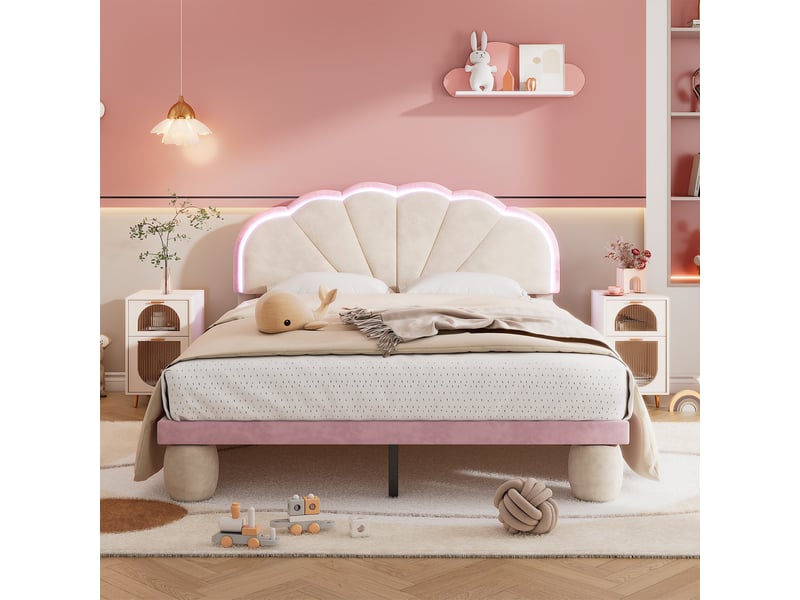  Lit rembourré 140 x 200 cm en velours beige et rose avec led Fay Lum - Conforama R