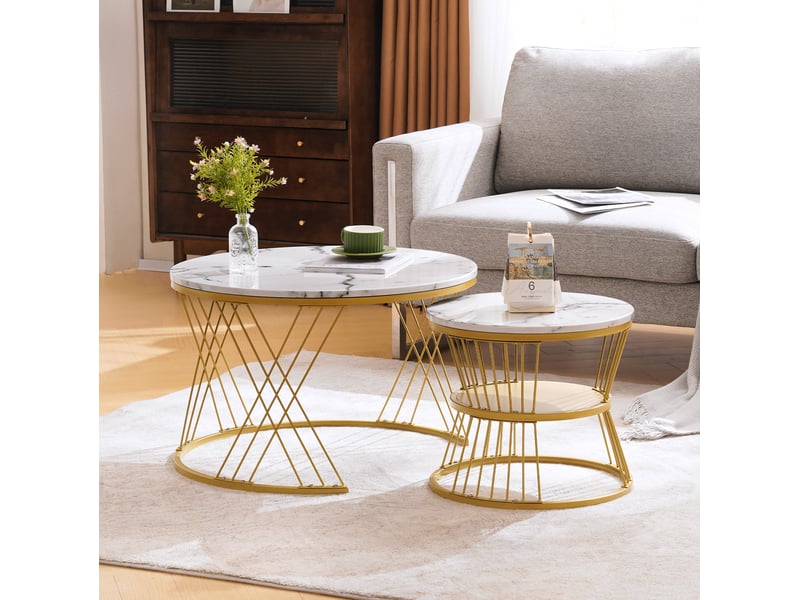  Tables basses gigognes 70x70x45 cm et 45x45x40 cm mdf blanc et doré  - Conforama E