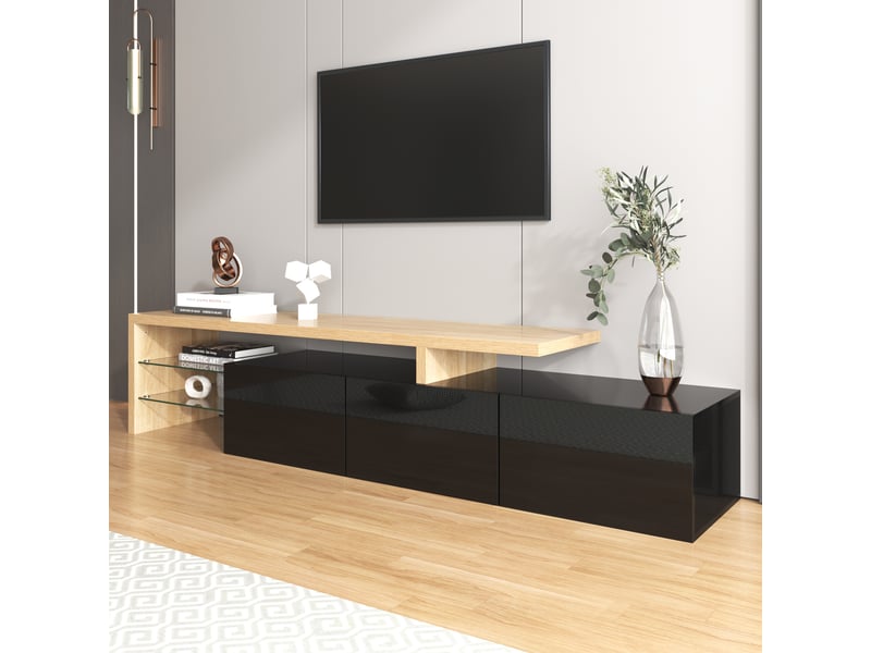 Meuble tv avec éclairage led, 3 portes et tablettes en verre, mdf e1, 197,5 x 39 x 42 cm, noir et bois - Conforama C