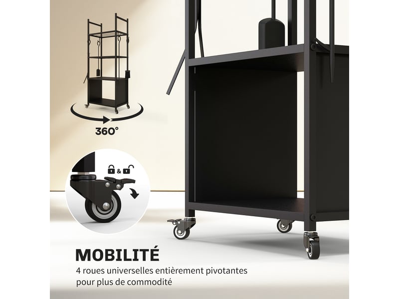  Chariot porte-bûches sur roulettes, 4 niveaux, 4 outils, métal noir, charge 60 kg  - Conforama W