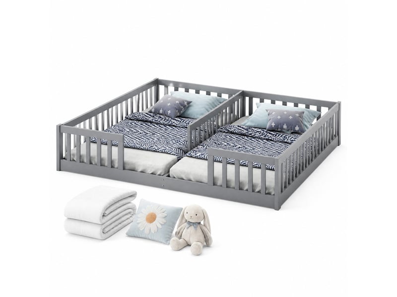 Lit enfant double au sol 2 x 90 x 200 cm avec barrières, gris, sans sommier à lattes - Conforama A