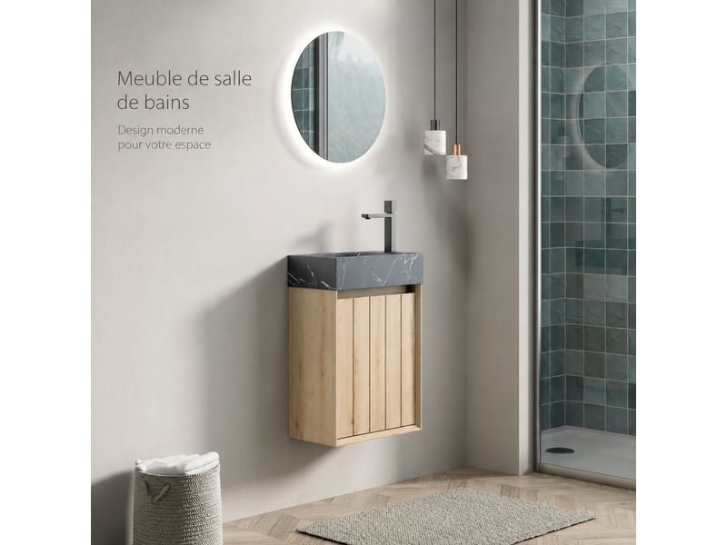  Meuble vasque suspendu 40 cm avec vasque intégrée en marbre naturel, finition chêne blanc  - Conforama D