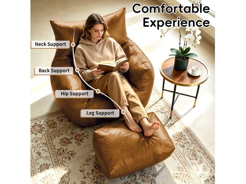  Fauteuil avec pouf ergonomique, garnissage en mousse haute densité, sans montage, en tissu technique marron 103 × 90 × 70 cm  - Conforama D