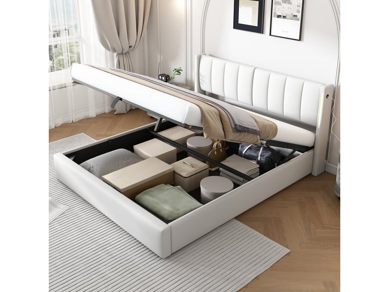  Lit double 180 x 200 cm avec rangement hydraulique, led, usb et tête réglable, blanc  - Conforama B