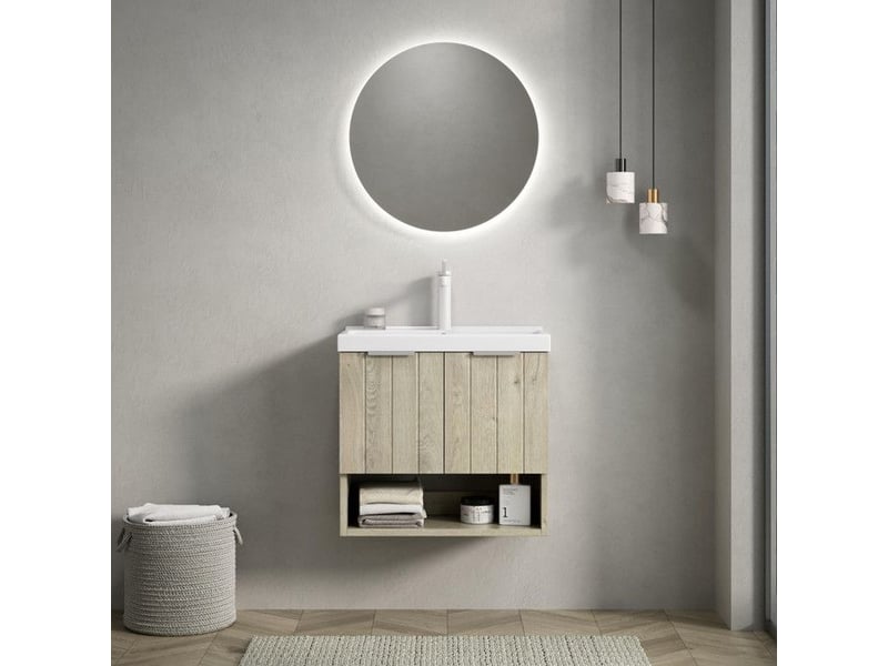  Meuble lavabo suspendu - kairo - 55cm - céramique blanche - étagère ouverte - bois crème 55x32x53cm - Conforama B