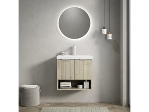 Meuble lavabo suspendu - kairo - 55cm - céramique blanche - étagère ouverte - bois crème