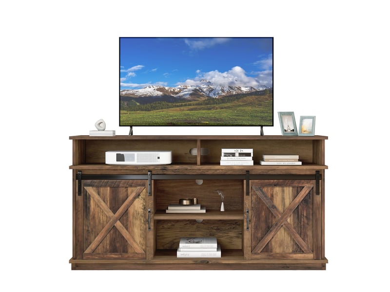  Meuble tv style campagne 148x40x78 cm avec 2 portes coulissantes et étagères réglables, grand rangement pour salon et salle à manger  - Conforama A