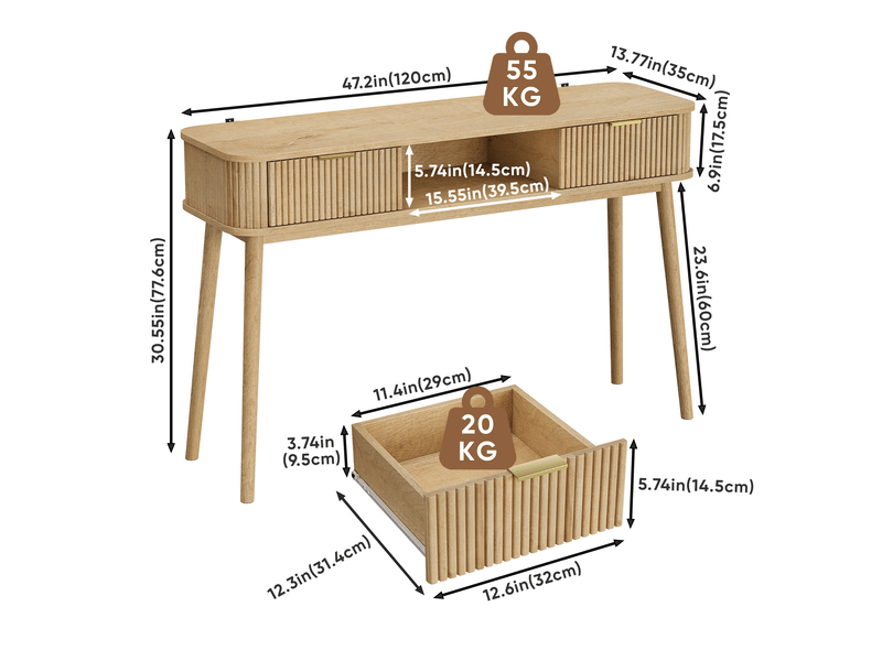  Console tcqpz vintage 120 x 35 x 77,6 cm avec 2 tiroirs et niche ouverte décor chêne  - Conforama C