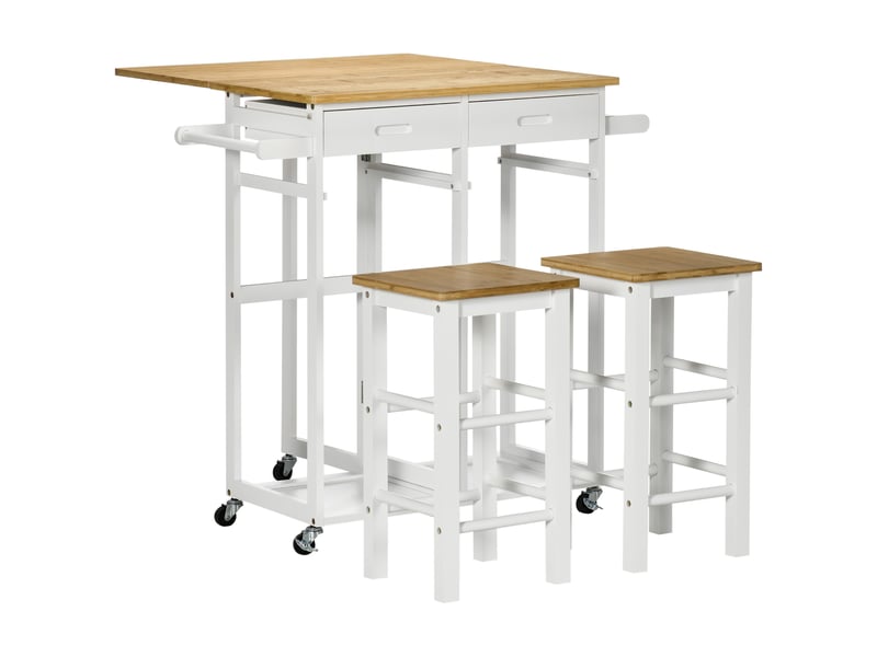  Ensemble table de bar pliable roulettes + 2 tabourets blanc et bois clair - 2 tiroirs et porte-torchons  - Conforama B