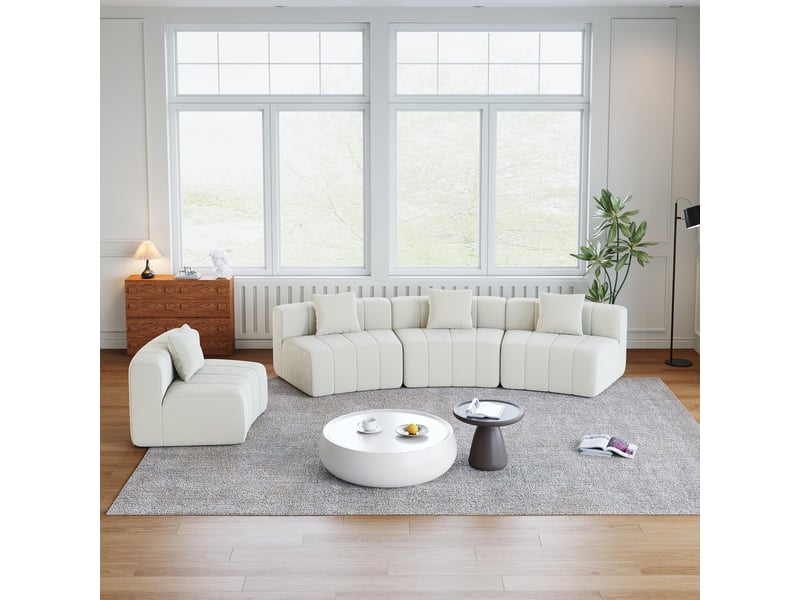  Canapé 4 places - 383.5x83.8x73.6 cm - canapé droit incurvé modulaire chenille avec 4 coussins sans montage - blanc  - Conforama B