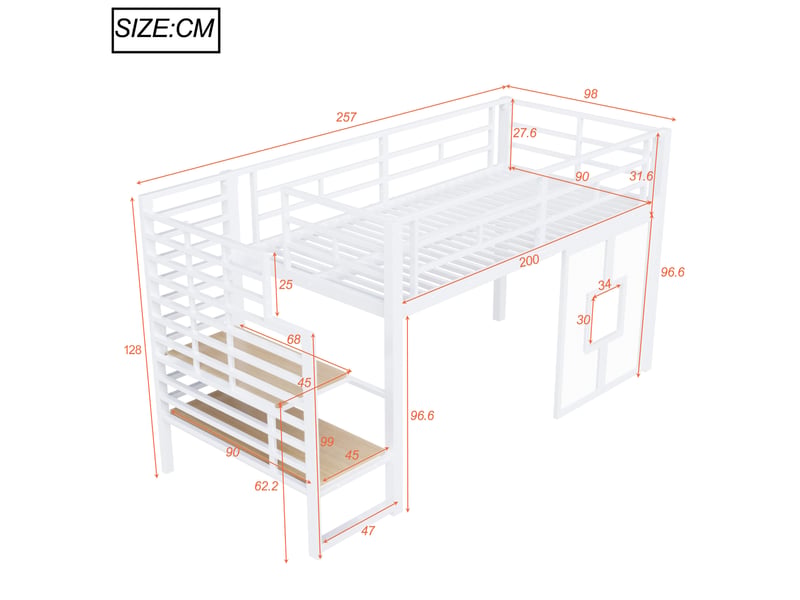  Lit mezzanine 90x200 cm avec escalier de rangement et led en métal et mdf blanc  - Conforama E