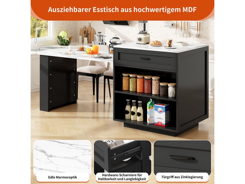  Îlot de cuisine noir mdf 98–204×70×93,5 cm, table extensible pour 2 à 6 personnes, rangements et roulettes à frein  - Conforama C