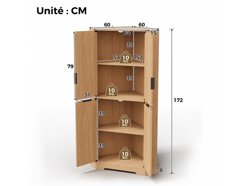Meuble de cuisine muvano, armoire d’angle 4 portes rainurées, naturel, 60 × 60 × 172 cm - Conforama W