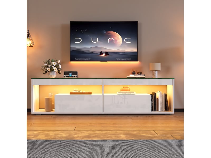 Meuble tv modenvie led blanc brillant 180 x 40 x 46 cm avec 2 tiroirs pour téléviseur jusqu’à 70 pouces  - Conforama D