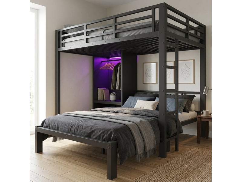  Lit superposé 120x200 cm - avec éclairage led - en metal &amp; wood - noir CARDUME ESTIVAL - Conforama E