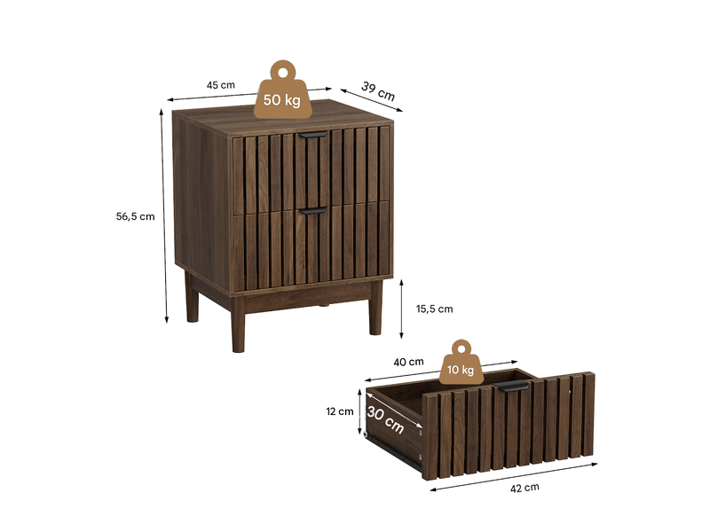  Table de chevet 2 tiroirs en mdf coloris noyer 45 x 39 x 56,5 cm W3180P567363 - Conforama C