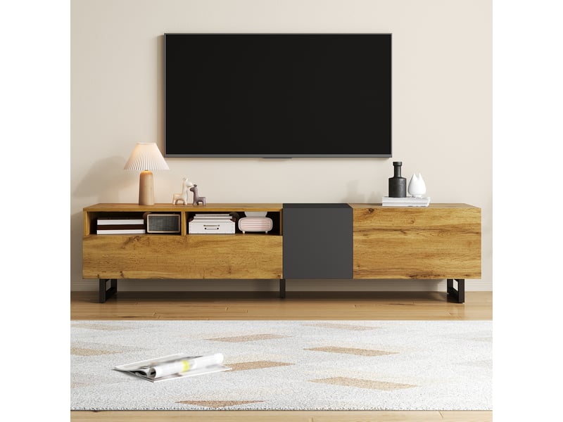  Meuble tv avec 3 portes et 2 niches pour salon 170×42×36,5 cm en panneaux de particules gris foncé naturel  - Conforama B