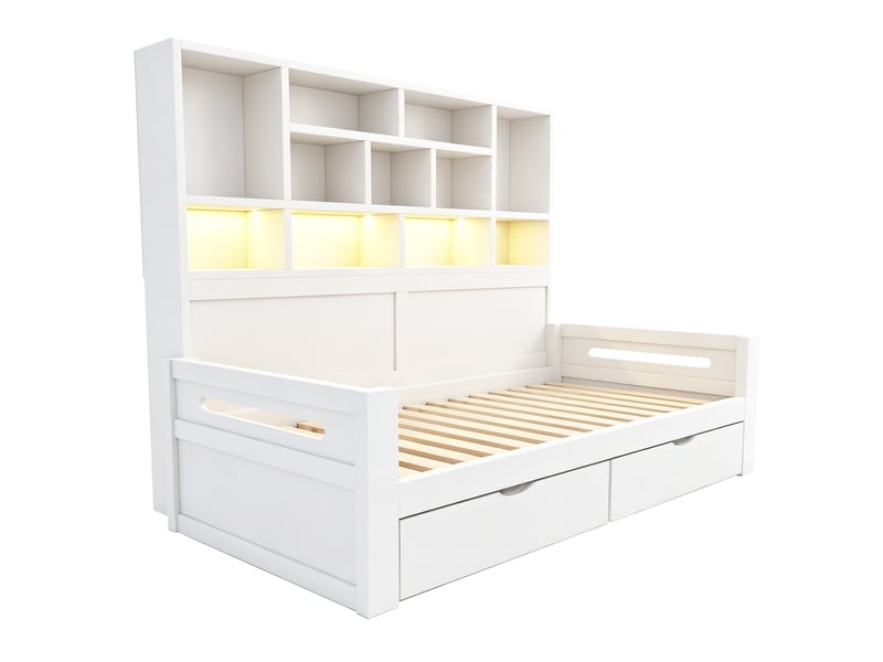  Canapé-lit en bois 90 x 200 cm, espace de rangement multifonctionnel, éclairage led, lit simple, cadre de lit enfant avec prises électriques, penderie ouverte et tiroirs, blanc  - Conforama D