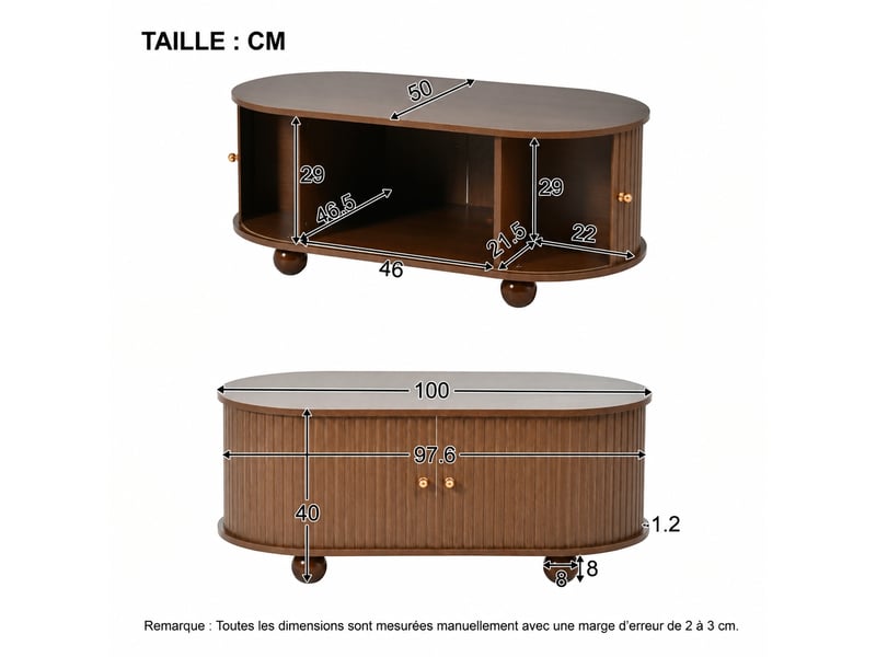 Table basse ovale avec rangement, portes coulissantes, 100 x 50 x 40 cm, effet noyer - Conforama C