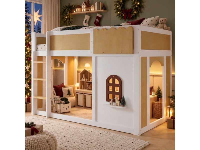  Lit mi-hauteur 90 x 200 cm avec espace de jeu, barrière ondulée, fenêtre, échelle et guirlande lumineuse, bois massif et mdf - blanc et naturel OMNIGLINT TRADING LTD - Conforama B