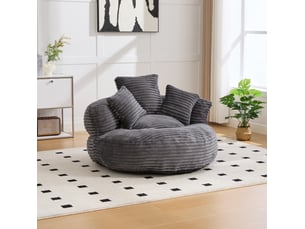 Fauteuil poire 1 place en velours côtelé gris foncé avec dossier haut et 3 coussins