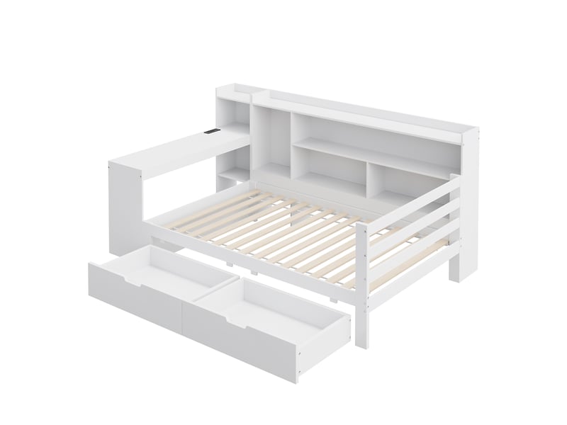  Lit banquette avec bureau et rangements, bois massif blanc, 90x200 cm, prise intégrée  - Conforama E