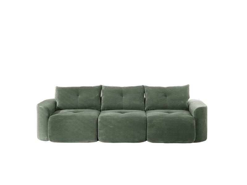  Canapé modulable 3 places 279x100x84 cm en configuration 2+1, siège amovible, formes arrondies, 3 coussins dossier, velours côtelé vert sauge  - Conforama A