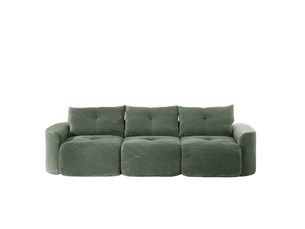 Canapé modulable 3 places 279x100x84 cm en configuration 2+1, siège amovible, formes arrondies, 3 coussins dossier, velours côtelé vert sauge