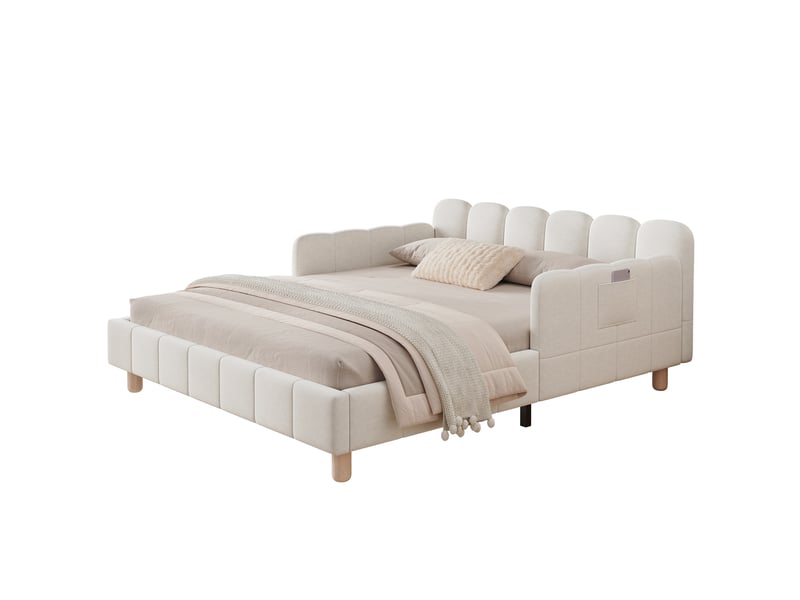  Lit banquette rembourré 140x190 cm, lit simple avec tête de lit, lit enfant, barrière de sécurité, pieds bois massif, velours, beige Seren Glow - Conforama A