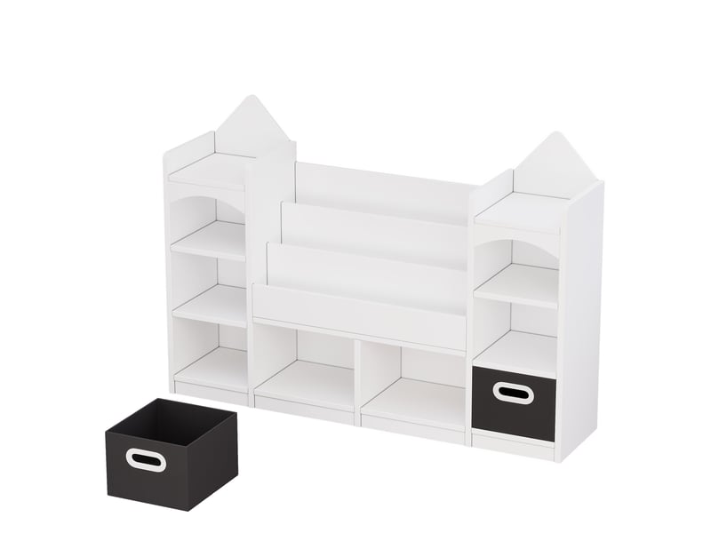  Bibliothèque enfant 130x30x90 cm blanche en mdf, 2 boîtes pliables, rangement de livres et jouets pour chambre  - Conforama D