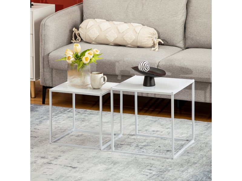  Lot de 2 tables basses gigognes, lot de 2 tables gigognes de salon, modulables, style industriel, en acier, blanc mat  - Conforama A