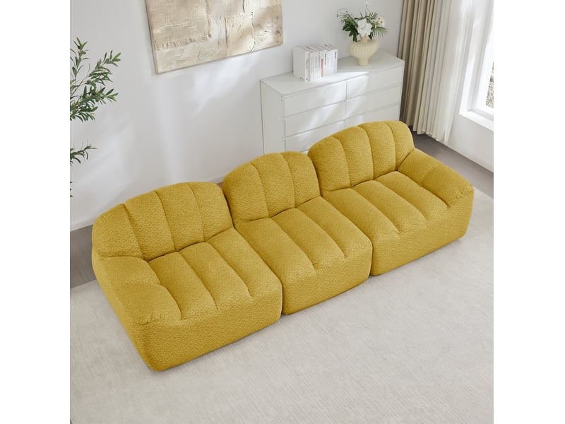  Canapé modulaire 3 places 288x104x79 cm, polaire granuleux, mousse 32d, assise profonde, jaune  - Conforama D