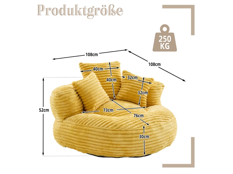 Fauteuil pouf modenvie en velours côtelé jaune moutarde 108 x 108 x 52 cm - Conforama C