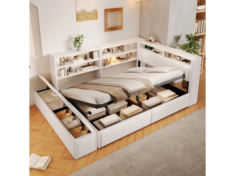 Canapé-lit coffre 140 x 200 cm - avec prise électrique - avec port usb - avec lumière led - tissu velours - blanc (matelas non inclus) - Conforama D