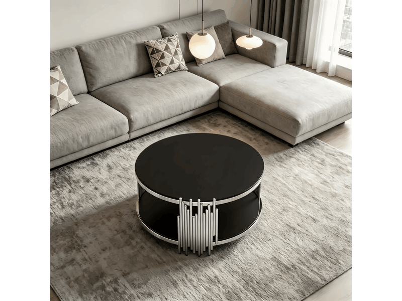 Table basse ronde 80 x 80 x 45 cm en verre trempé noir double plateau base acier argenté table salon bureau luxe moderne élégante - Conforama D